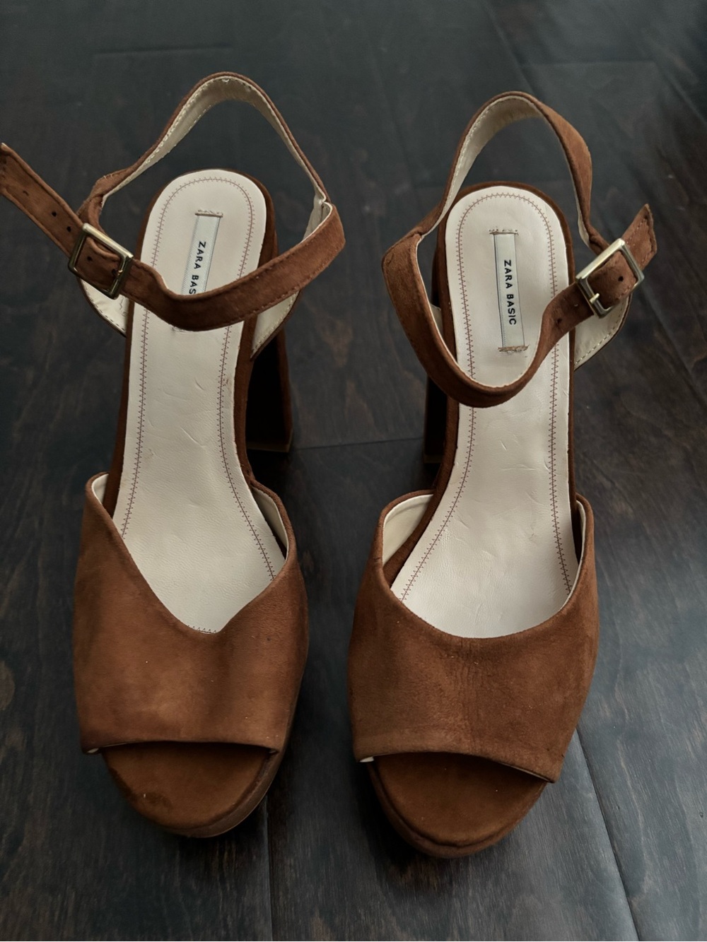 Zara Suede Tan Block Heel Sandals